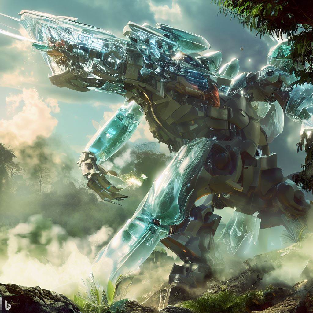 giant future mech dinosaur with glass body firing guns in jungle, rocks in foreground, wildlife in foreground, smoke, detailed clouds, lens flare 1.jpg